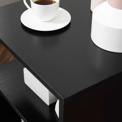 Caelan wooden S-shape end table with black finish and three-tier storage shelves, ideal for living room furniture.