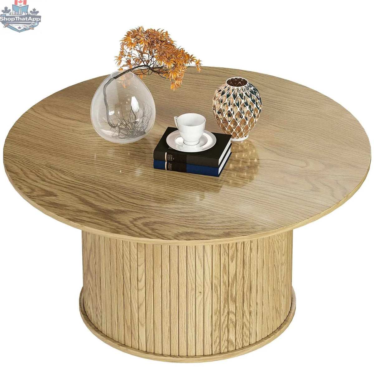 Modern cedar Nordic center table by SLOTH Nation with fluted base and oak finish, measuring 31.5 inches for living room decor.