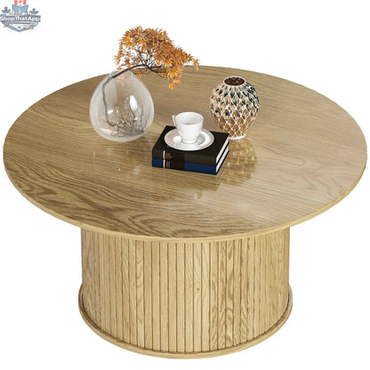 Modern cedar Nordic center table by SLOTH Nation with fluted base and oak finish, measuring 31.5 inches for living room decor.