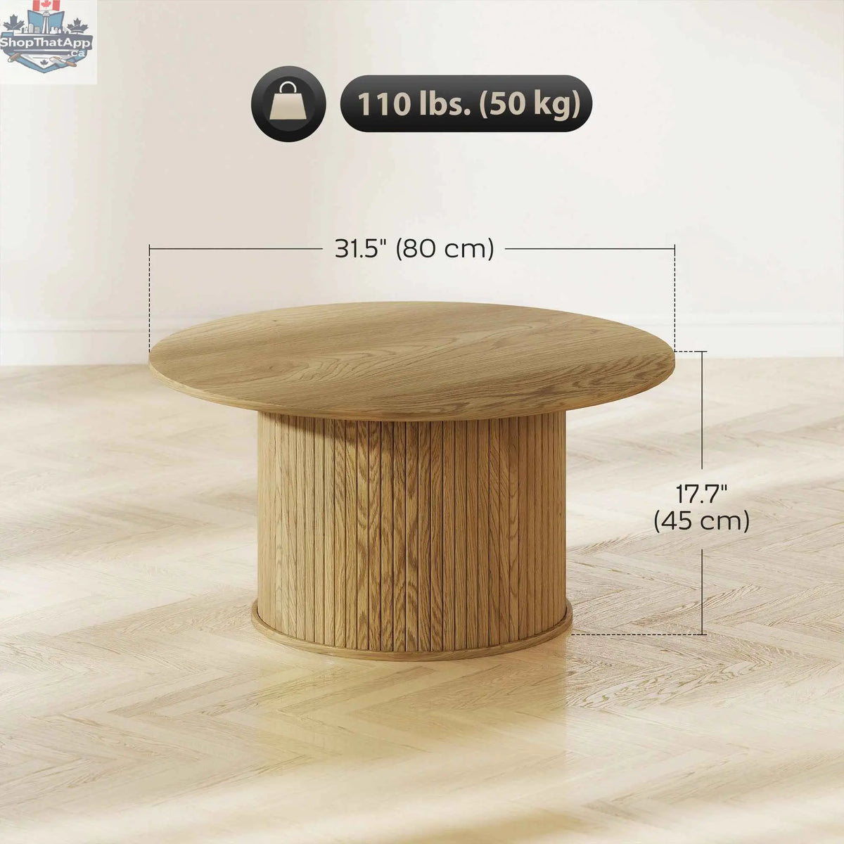 Cedar Modern Nordic center table by SLOTH Nation featuring a fluted oak finish base and 31.5-inch round top for living room decor