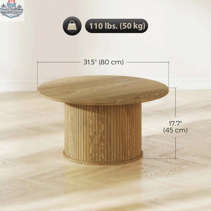 Cedar Modern Nordic center table by SLOTH Nation featuring a fluted oak finish base and 31.5-inch round top for living room decor