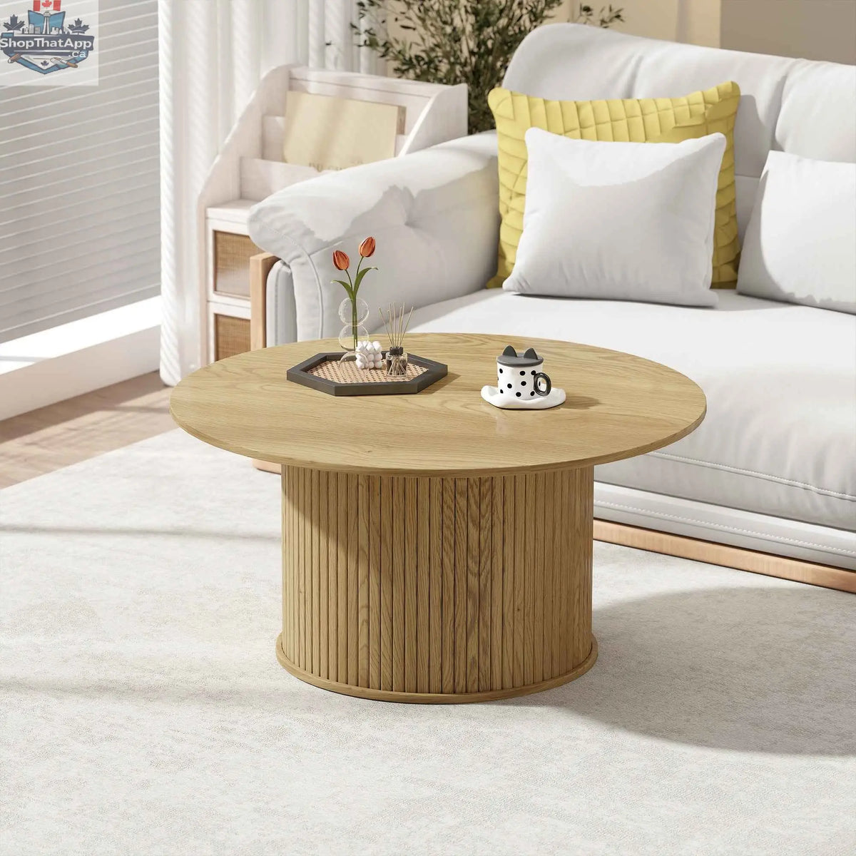 Modern cedar Nordic center table with fluted oak finish base, 31.5-inch size, suitable for living room decor.