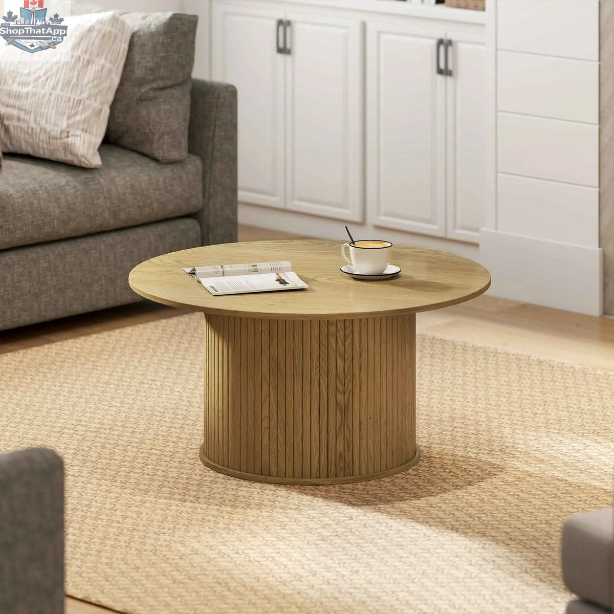 Modern cedar Nordic center table with fluted oak finish base, ideal for living room decor by SLOTH Nation