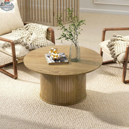 Modern cedar Nordic center table with fluted oak finish base, 31.5-inch diameter, stylish living room furniture by SLOTH Nation.