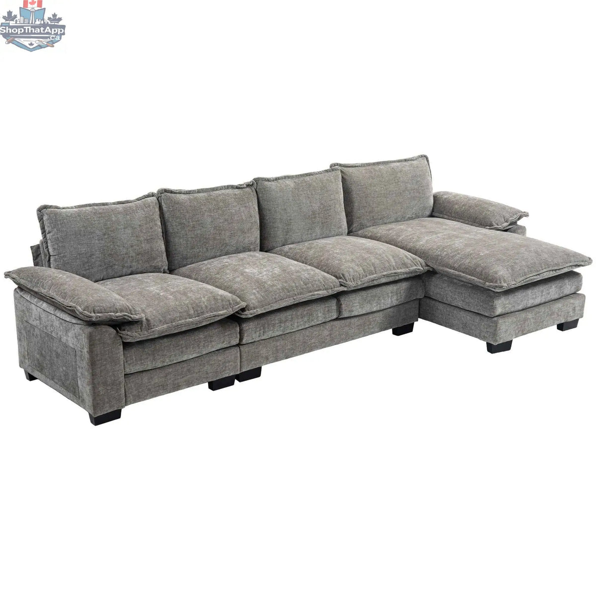 Grey GABI right hand facing sectional with chaise lounge, modern living room furniture from SLOTH Nation.