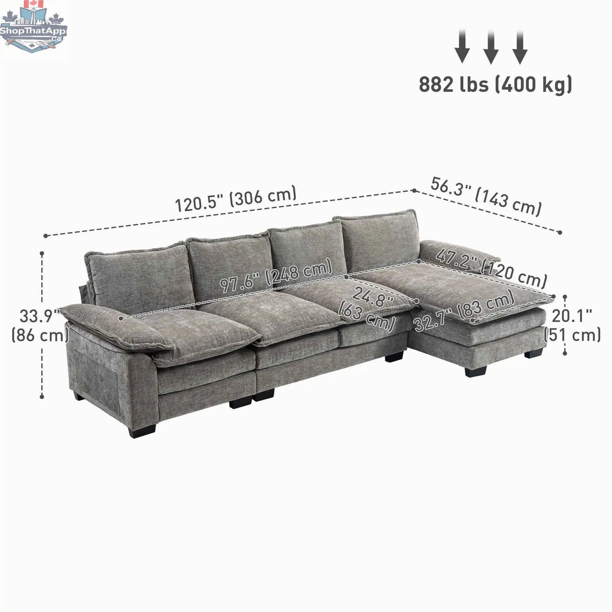 Grey GABI right hand facing sectional sofa with chaise lounge, living room furniture by SLOTH Nation, showing plush cushions and modern design.