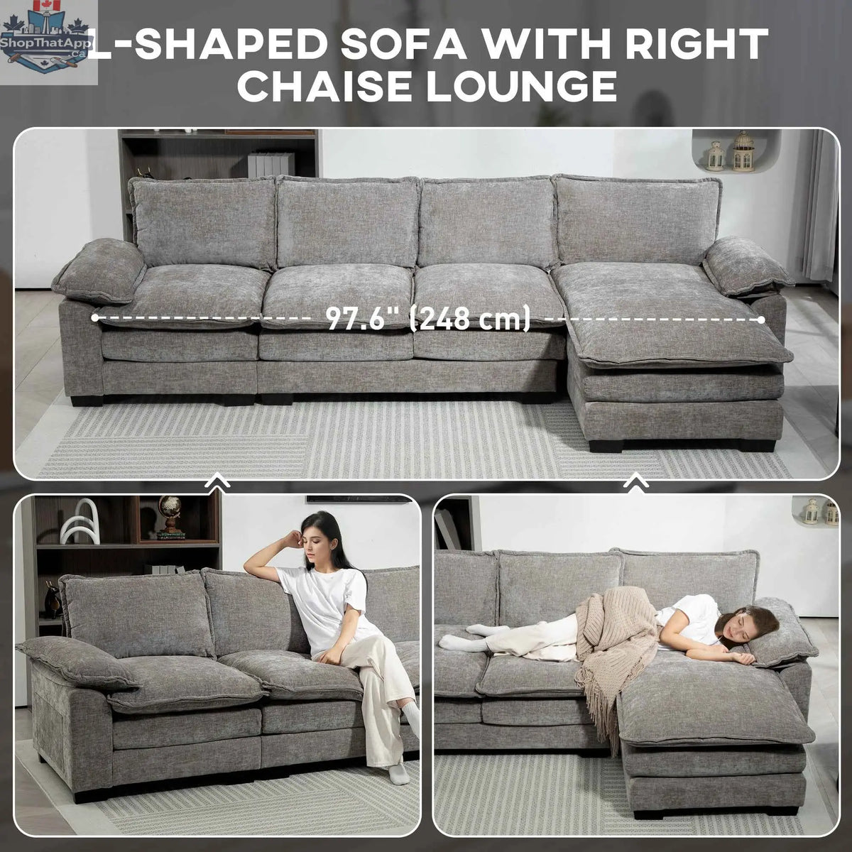 Grey GABI right hand facing sectional sofa with chaise lounge, modern living room furniture by SLOTH Nation.