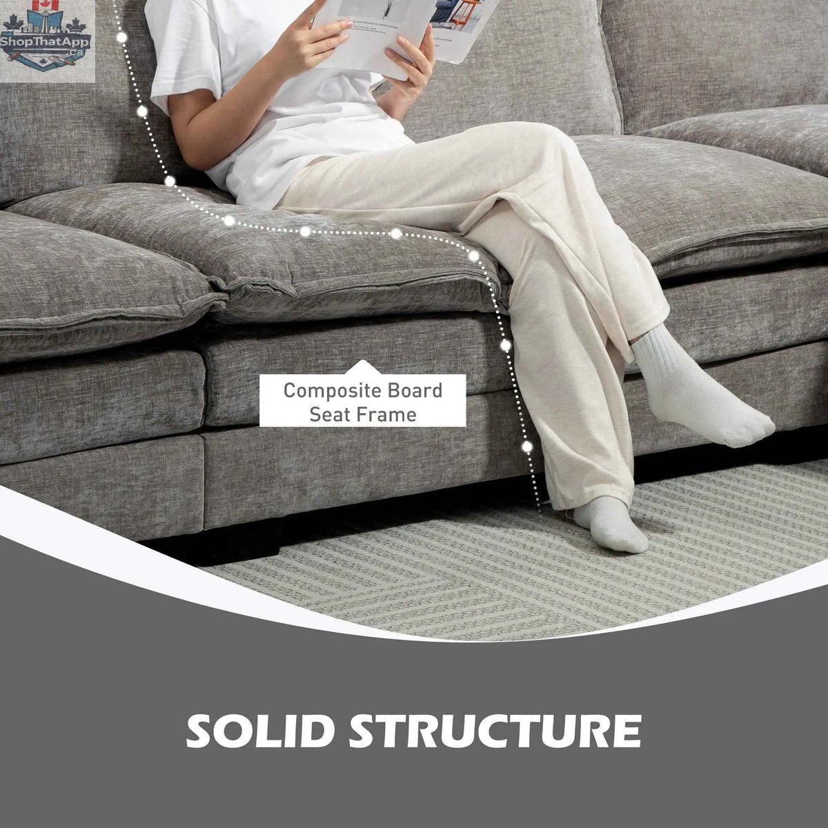 SLOTH Nation GABI right hand facing sectional sofa with chaise lounge in grey fabric, modern living room furniture.