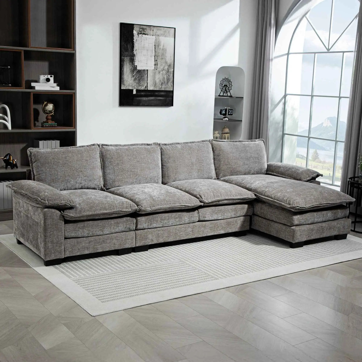 Gray GABI right hand facing sectional sofa with chaise lounge, modern living room furniture by SLOTH Nation.