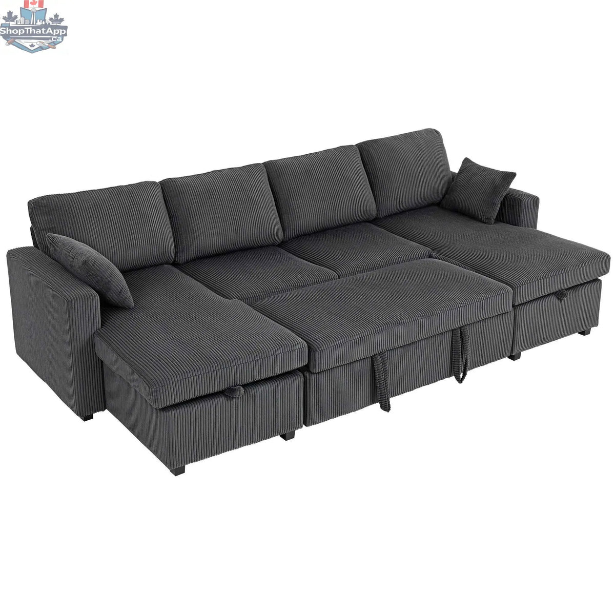 Grey Theo U-shaped sleeper sectional with storage chaise from SLOTH Nation, showcasing plush fabric and modern living room furniture.