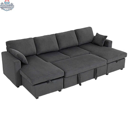 Grey Theo U-shaped sleeper sectional with storage chaise from SLOTH Nation, showcasing plush fabric and modern living room furniture.