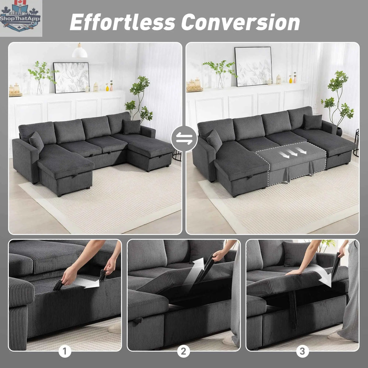 Gray Theo U-shaped sleeper sectional with storage chaise from SLOTH Nation, showing plush cushions and modern living room furniture design.