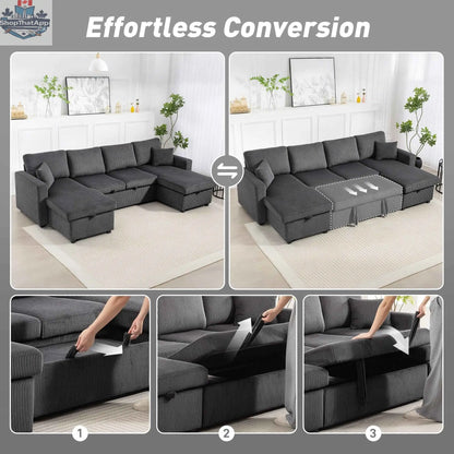 Gray Theo U-shaped sleeper sectional with storage chaise from SLOTH Nation, showing plush cushions and modern living room furniture design.