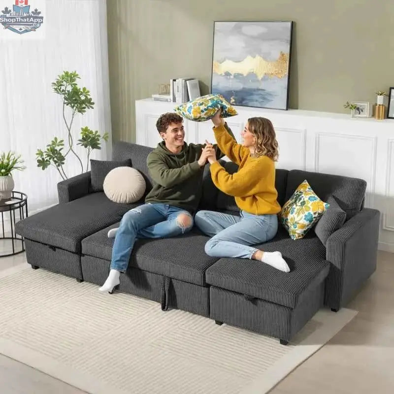 Grey Theo U-Shaped Sleeper Sectional with Storage Chaise from SLOTH Nation, showcasing comfortable living room furniture with versatile design.