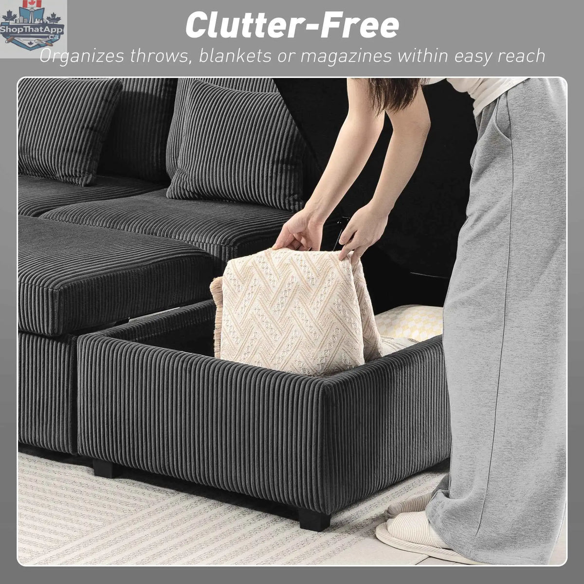 Grey Theo U-shaped sleeper sectional with storage chaise from SLOTH Nation, featuring plush cushions and modern design for living room comfort.