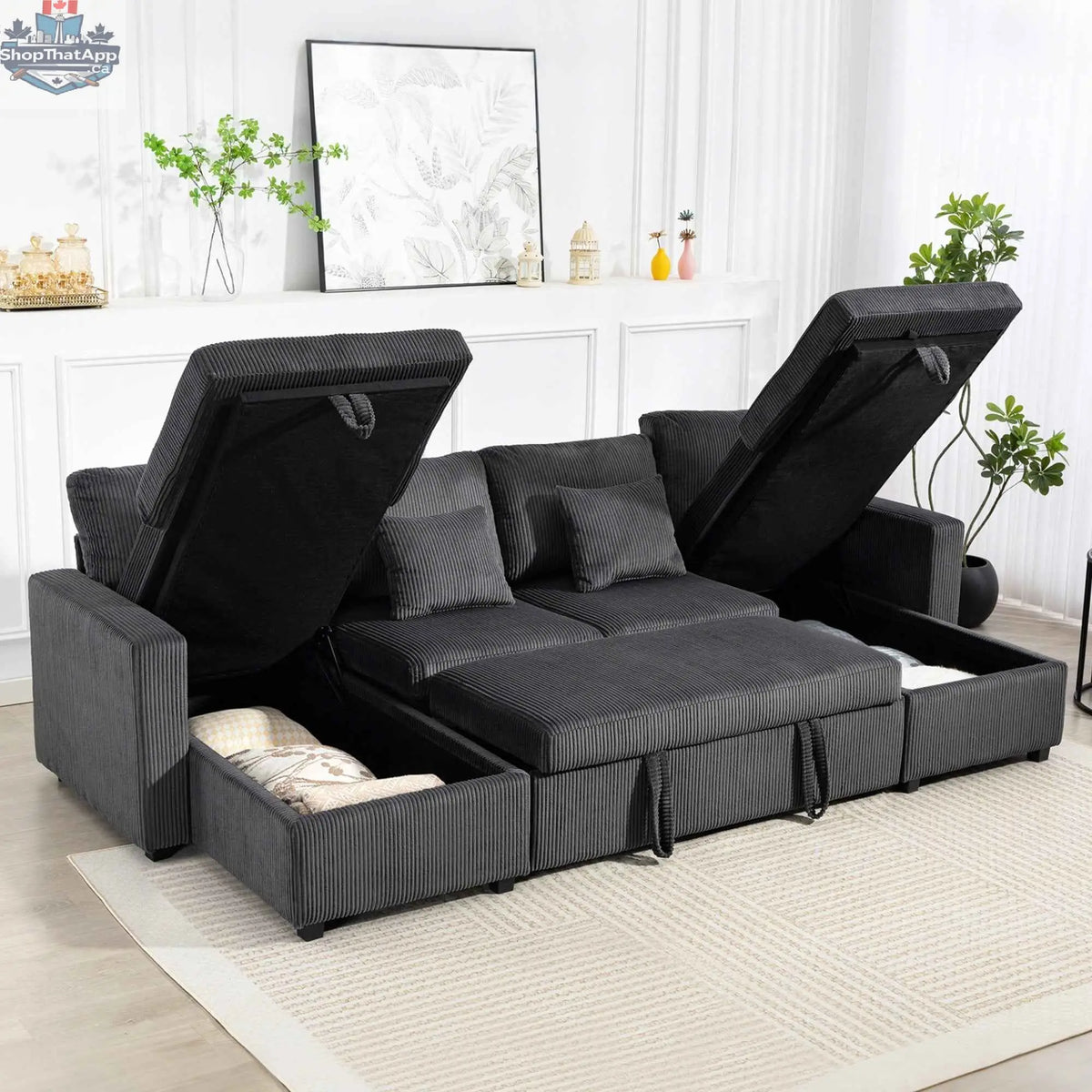 Grey Theo U-shaped sleeper sectional with storage chaise from SLOTH Nation, showcasing comfortable living room furniture with modern design.