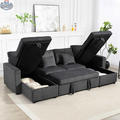 Grey Theo U-shaped sleeper sectional with storage chaise from SLOTH Nation, showcasing comfortable living room furniture with modern design.