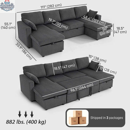Grey Theo U-Shaped Sleeper Sectional with Storage Chaise from SLOTH Nation, showing the modern living room furniture with cushions and storage space.