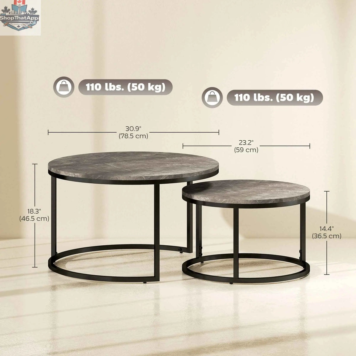 Modern grey nesting coffee tables with faux marble tops from SLOTH Nation, stylish living room furniture set.