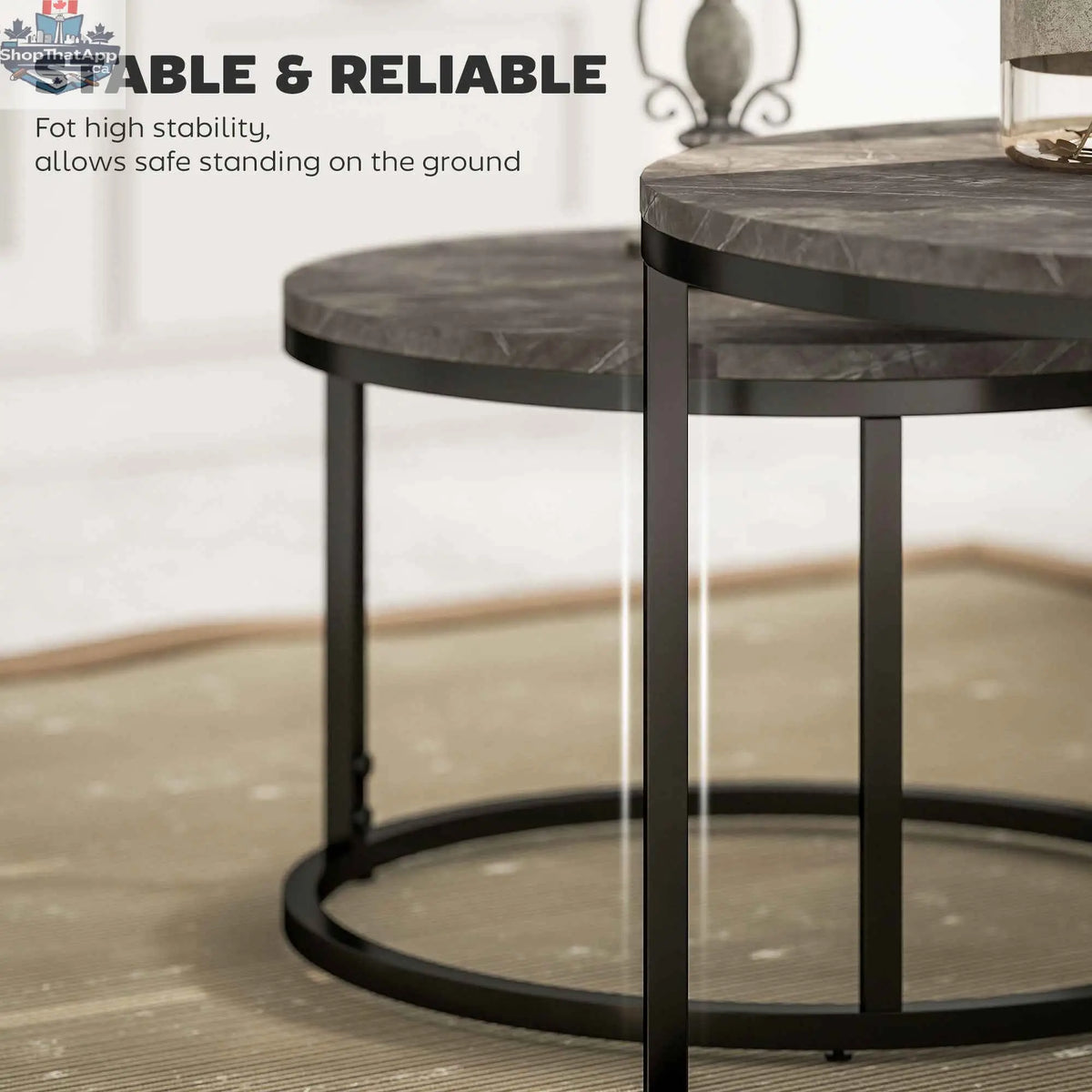 Modern grey nesting coffee tables with faux marble tops, stylish living room furniture by SLOTH Nation.
