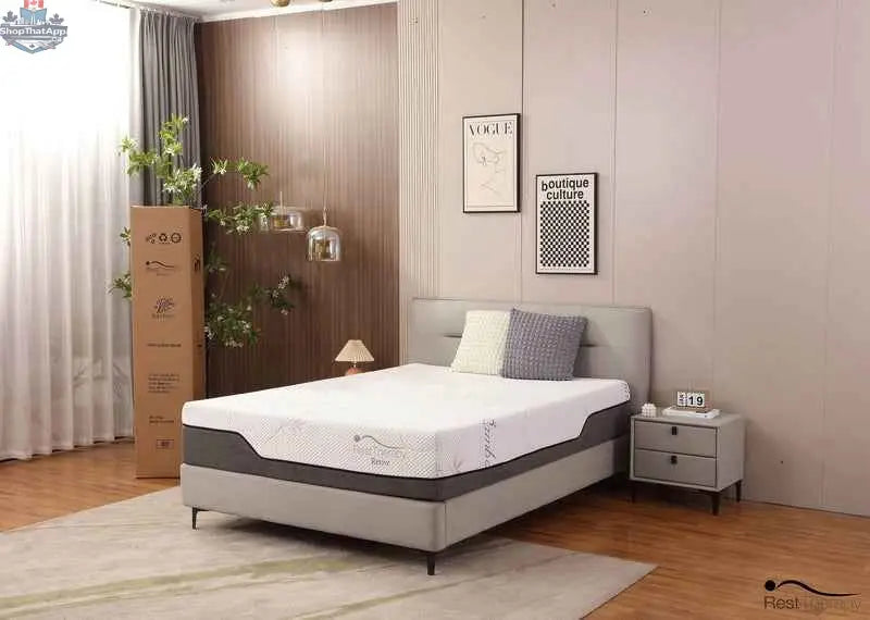 12-inch bamboo cool gel memory foam mattress by SLOTH Nation, shown with a neatly made bed in a modern bedroom setting