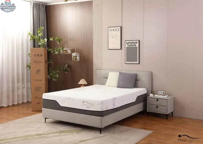 12-inch bamboo cool gel memory foam mattress by SLOTH Nation, shown with a neatly made bed in a modern bedroom setting