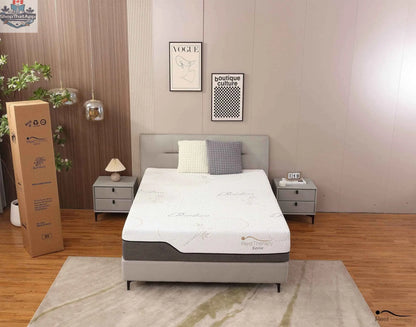 12-inch bamboo cool gel memory foam mattress by SLOTH Nation, shown in a bedroom setting with a modern bed frame.