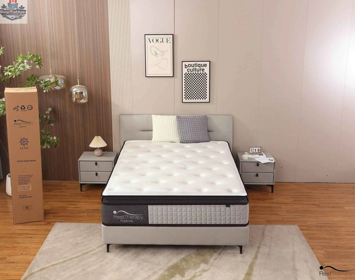 14-inch Euphoria Hybrid Mattress by SLOTH Nation with plush cooling pillow top, gel memory foam, and pocket coil support.