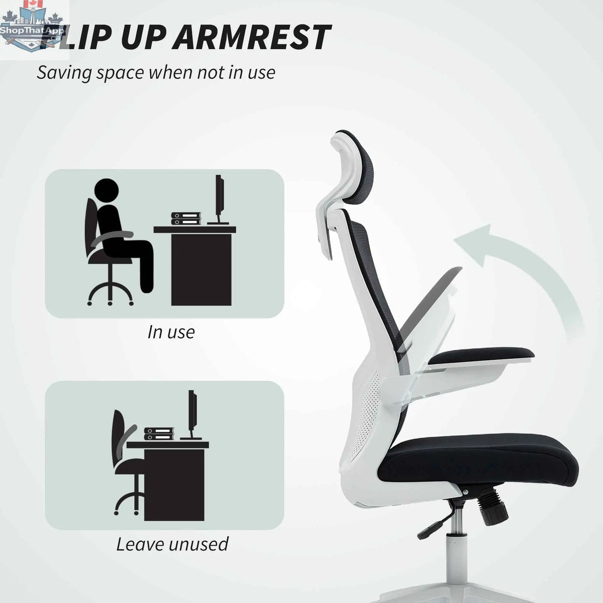 Black and white SLOTH Nation Andre ergonomic office chair with 2D lumbar support and adjustable headrest, shown from the side.