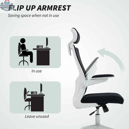 Black and white SLOTH Nation Andre ergonomic office chair with 2D lumbar support and adjustable headrest, shown from the side.