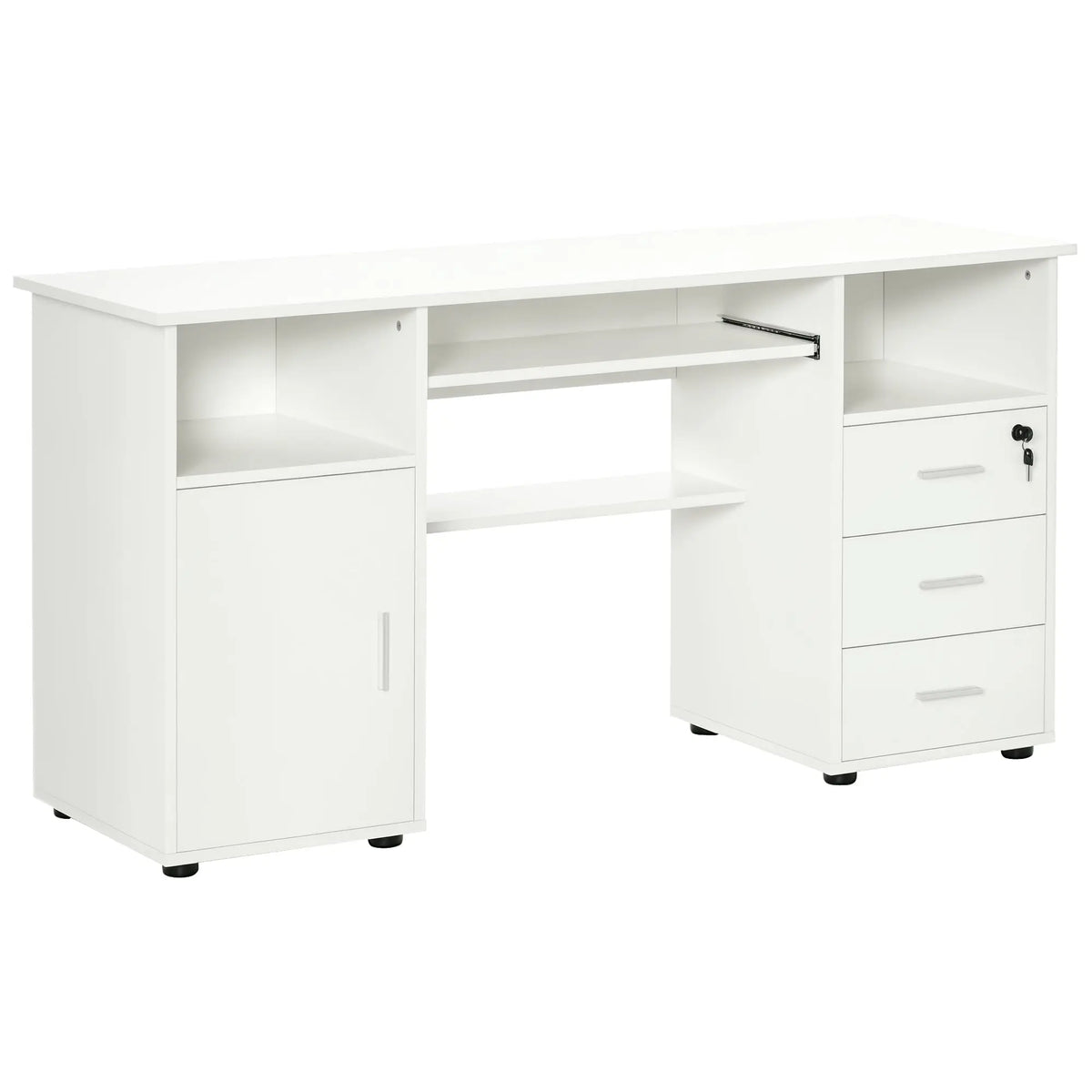 White Bloom computer desk by SLOTH Nation featuring a keyboard tray and storage drawers, ideal for stylish office workspaces.