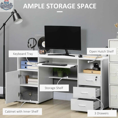 White Bloom computer desk with keyboard tray and storage drawers from SLOTH Nation, 57-inch office furniture for organized workspace.