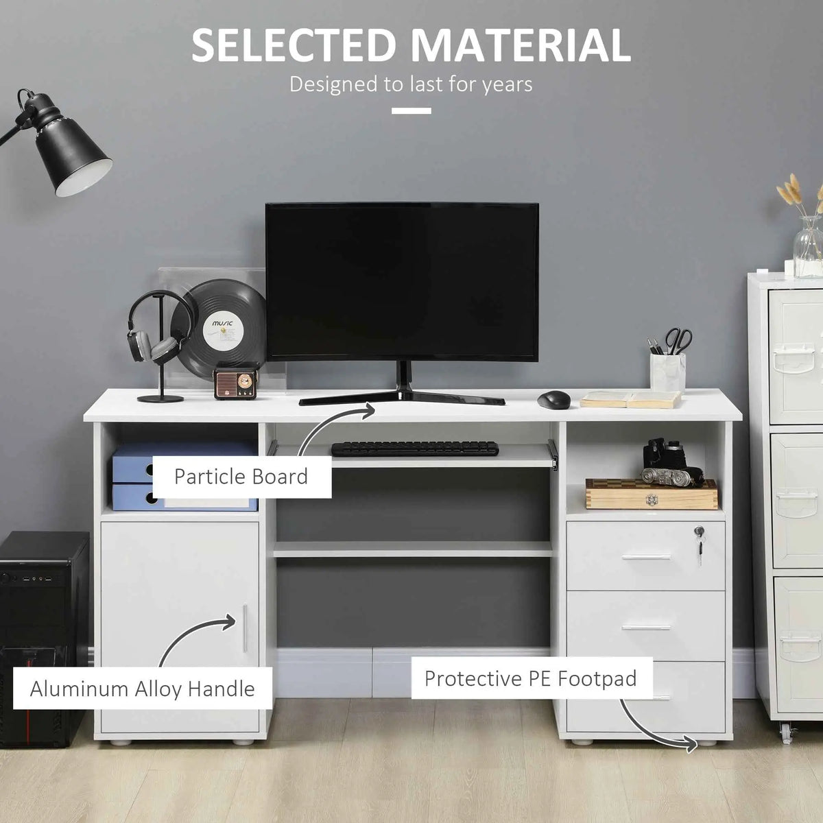 White Bloom computer desk with keyboard tray and storage drawers, stylish 57-inch office furniture by SLOTH Nation.