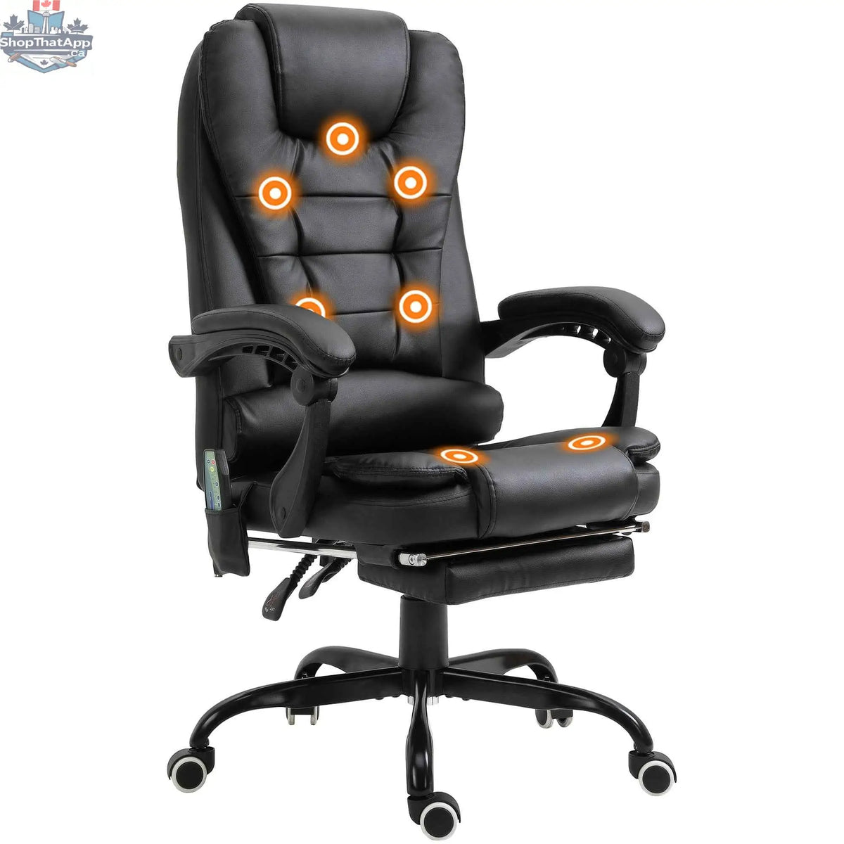 Black Declan executive office chair by SLOTH Nation with 7-point massage and reclining features, ergonomic design, and padded armrests.