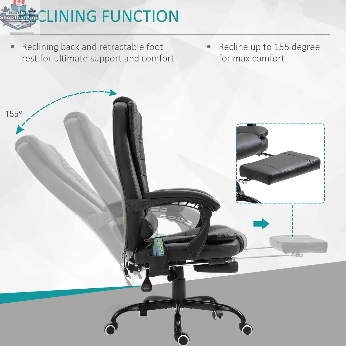 Black Declan executive office chair by SLOTH Nation featuring 7-point massage, reclining function, and ergonomic design.