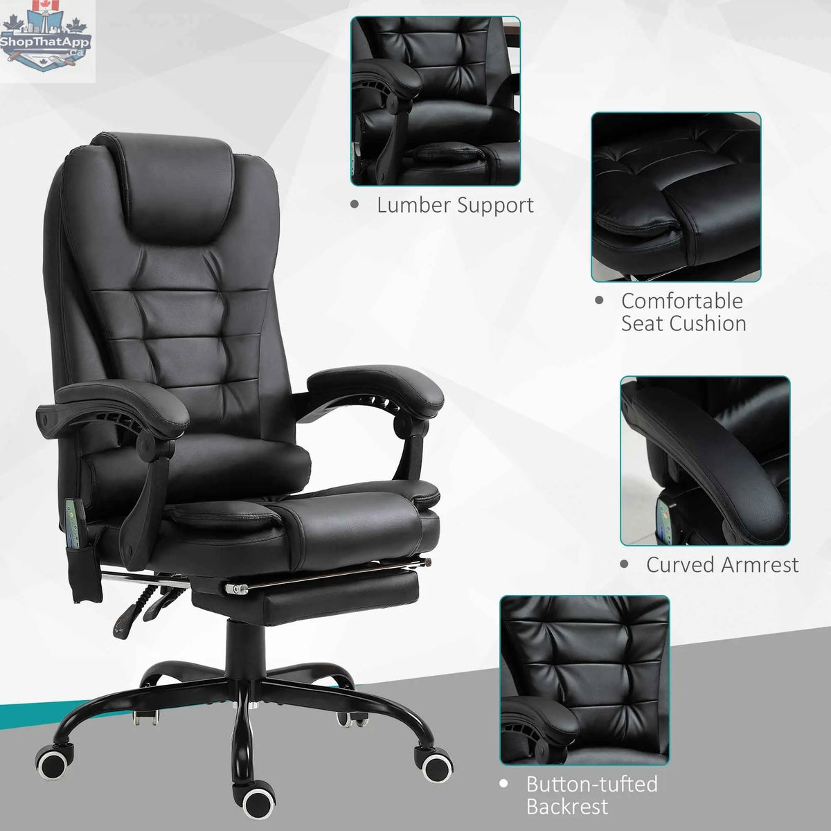 Black Declan Executive Office Chair by SLOTH Nation featuring 7-point massage and reclining functions for comfort.