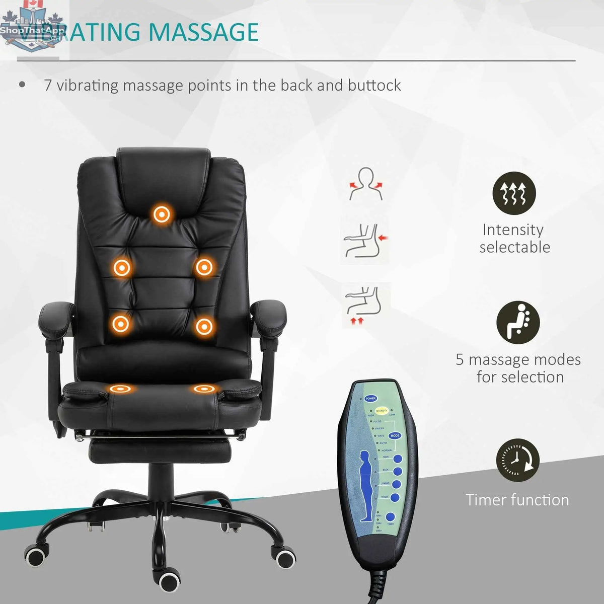 Black Declan Executive Office Chair by SLOTH Nation featuring 7-point massage, recline function, and ergonomic design.