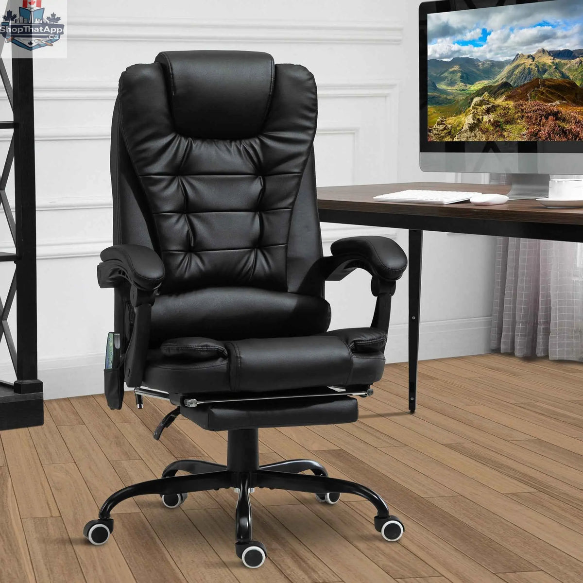 Black Declan executive office chair by SLOTH Nation with 7-point massage and reclining features, ergonomic design, and padded armrests.