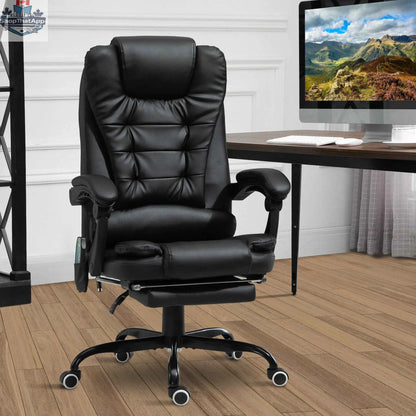 Black Declan executive office chair by SLOTH Nation with 7-point massage and reclining features, ergonomic design, and padded armrests.