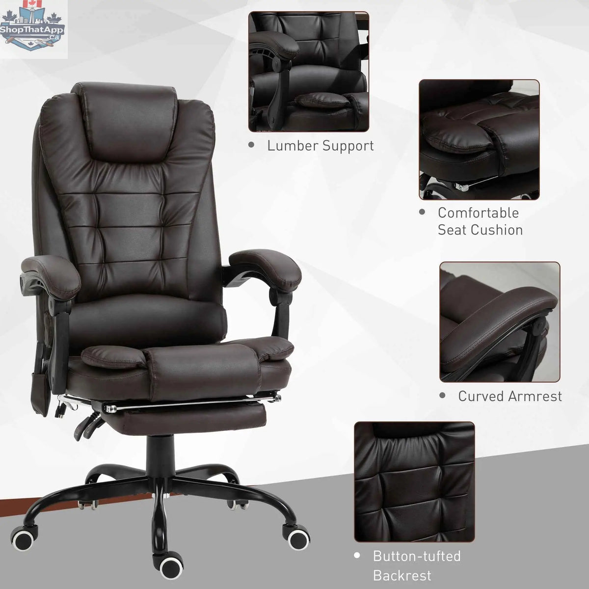 Brown Declan Executive Office Chair by SLOTH Nation with 7-point massage, reclining feature, and ergonomic design.