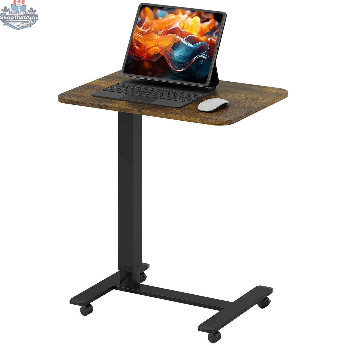 Rustic brown Emerson adjustable standing desk by SLOTH Nation with pneumatic height adjustment and mobile office furniture design.