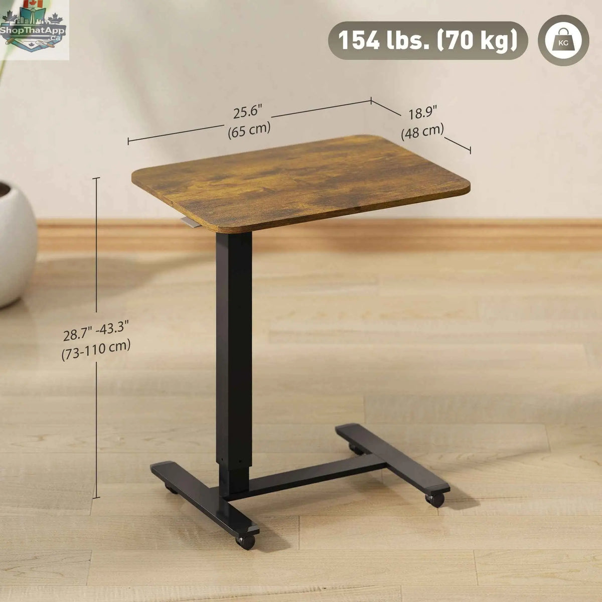 Rustic brown Emerson adjustable height standing desk from SLOTH Nation with pneumatic mobile design, suitable for modern office spaces.