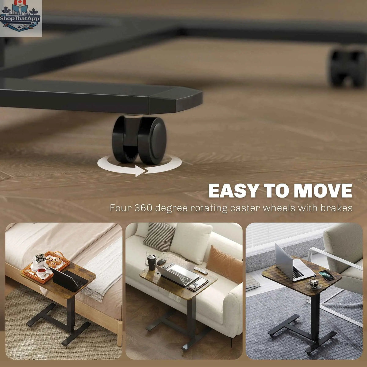 Rustic brown Emerson adjustable height standing desk by SLOTH Nation featuring pneumatic mobile design and modern office furniture style.