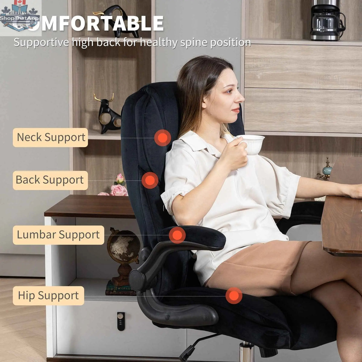 Black Hayden executive office chair with flip-up armrests by SLOTH Nation, featuring a sleek ergonomic design and adjustable height.
