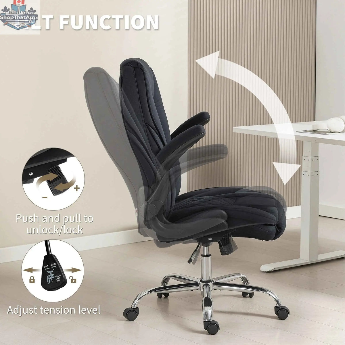 Black Hayden executive office chair with flip-up armrests from SLOTH Nation, featuring a sleek ergonomic design for modern office use.
