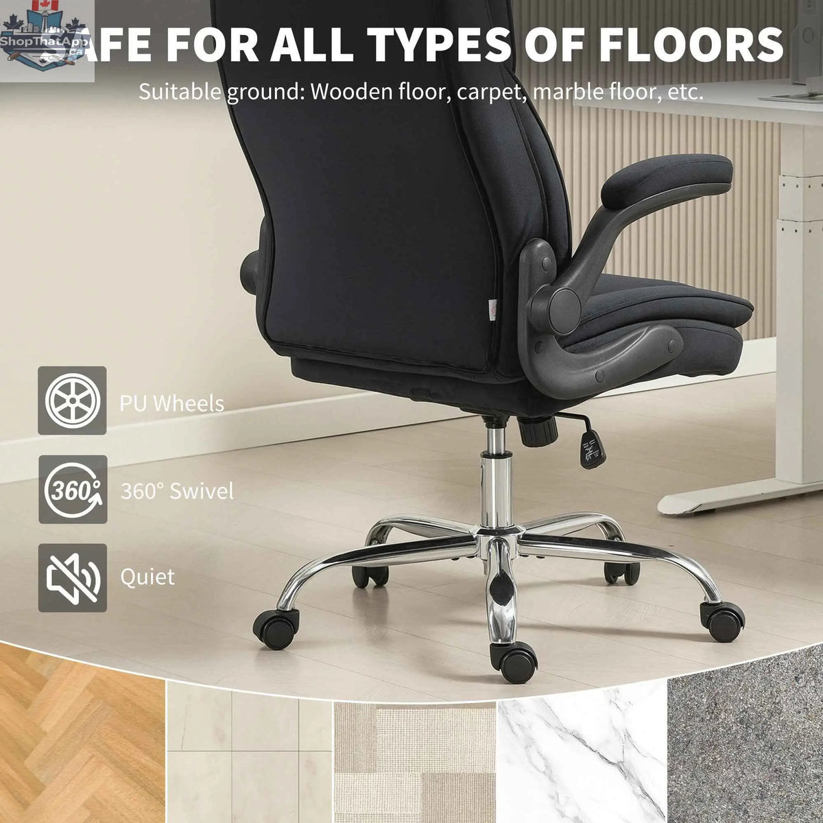 Black Hayden executive office chair with flip-up armrests, featuring ergonomic design and adjustable height for comfortable seating.