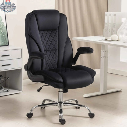 Black Hayden executive office chair with flip-up armrests from SLOTH Nation, featuring a modern ergonomic design.
