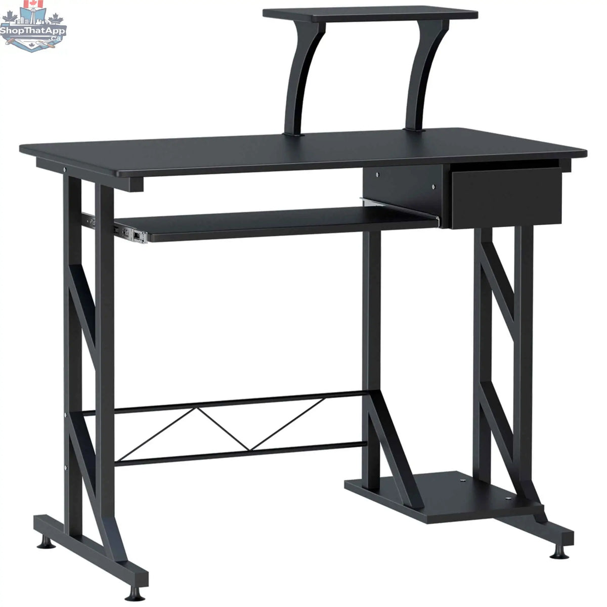 Black Indy computer desk by SLOTH Nation with keyboard tray and drawer, ideal for modern office or workspace setup.