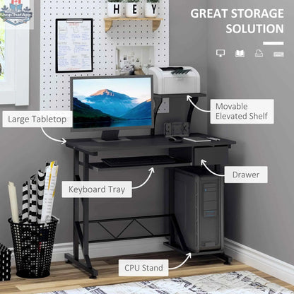 Black Indy computer desk with keyboard tray and drawer, SLOTH Nation office furniture for workspace organization.