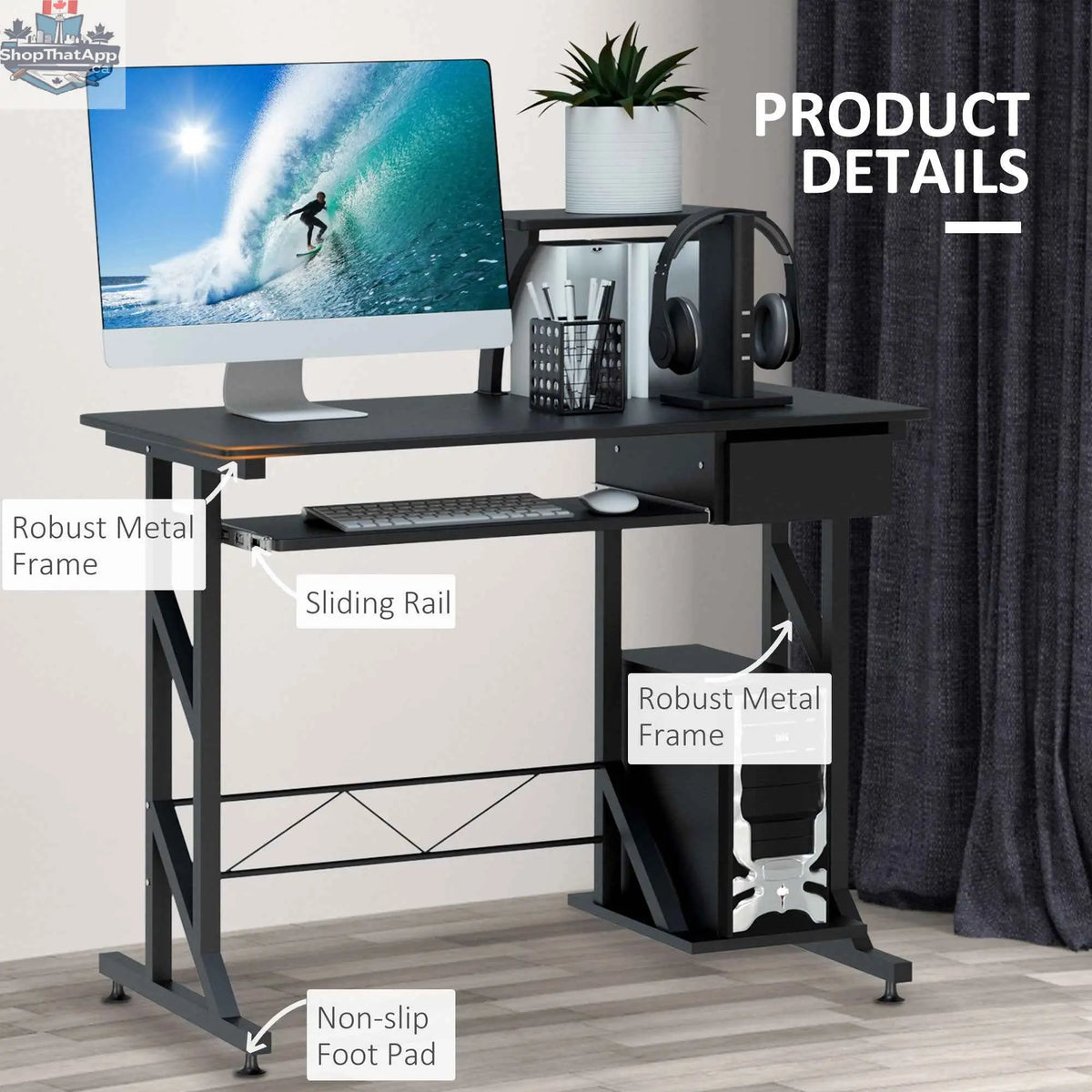 Black Indy computer desk by SLOTH Nation featuring a keyboard tray and drawer, ideal for modern office setups.